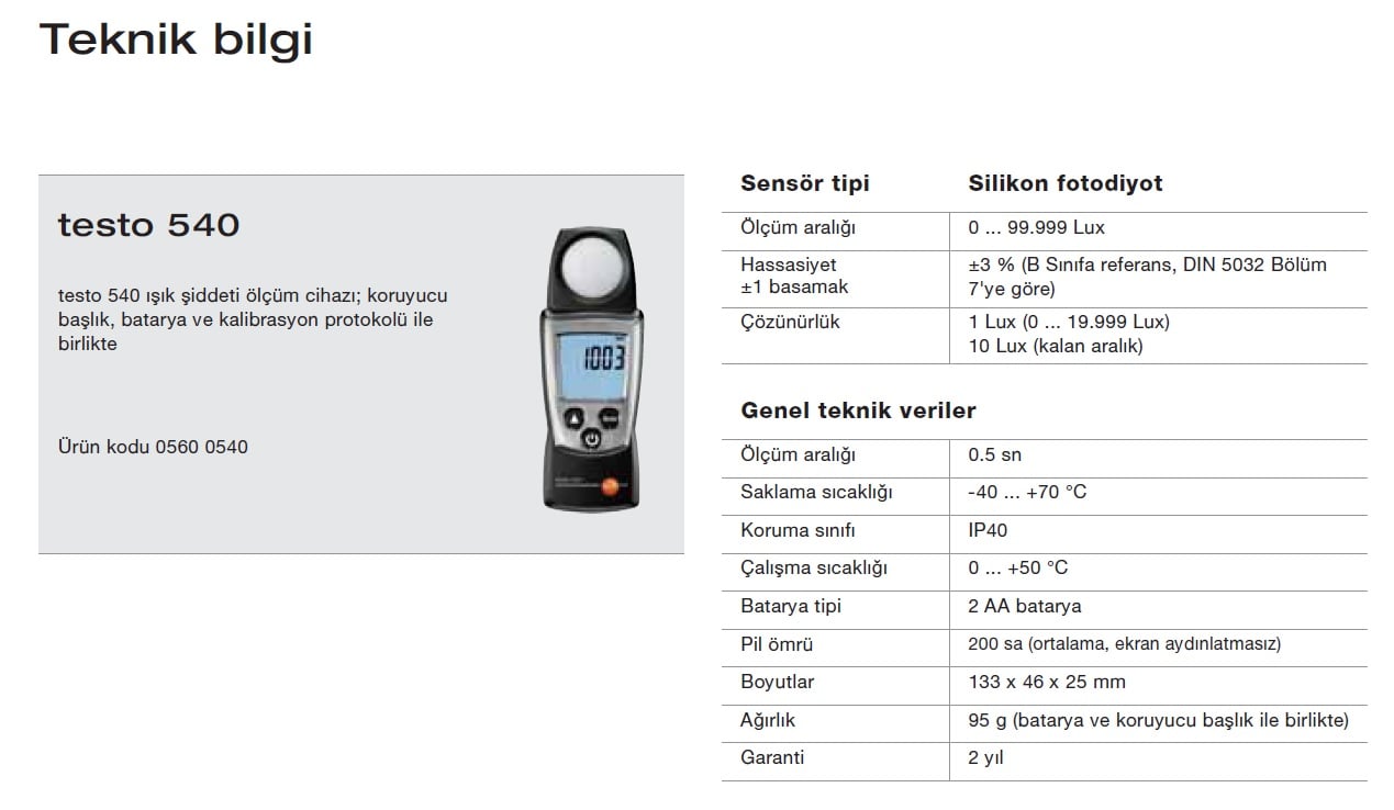 testo 540 Aydınlanma Ölçer (Lüksmetre)